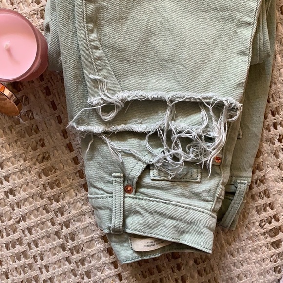 Mint green retro mom jeans. Size 00, rose gold detailing, frayed bottoms. - Picture 3 of 6